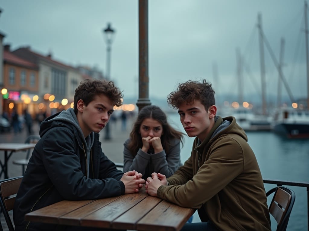 Trois adolescents, Deux garçons et une fille à la table d'un café sur un petit port touristique.