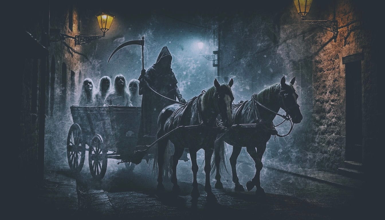 Une ruelle pavée la nuit. Une charrette tirée par 2 chevaux. Le cocher est la mort et le chargement 4 défunts. 