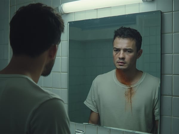 Un homme regarde son portrait balafré dans le miroir de la salle de bain, il a du sang sur le T-shirt.