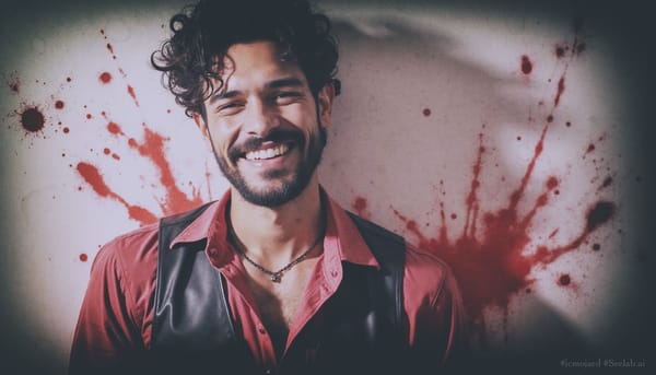 Un barbier en chemise rouge et gilet de cuir noir pose sur un mur blanc taché de sang.