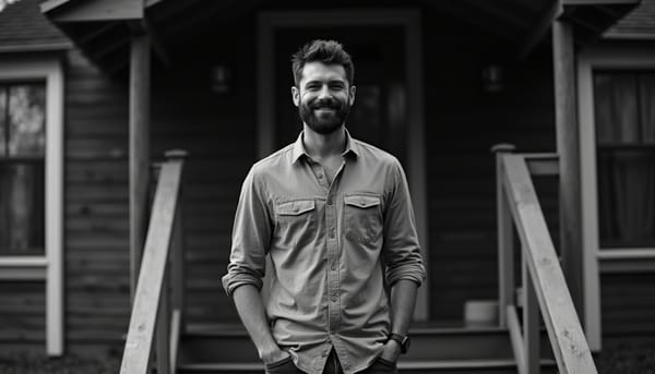 Un homme à l'accueil devant son chalet de bois.